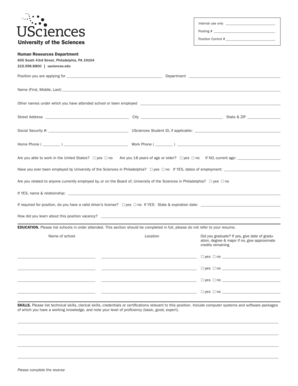 University of the Sciences Employment Application Form