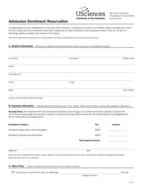University of Sciences Admission Enrollment Reservation Form