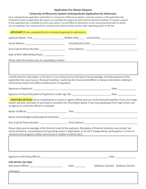 University of Wisconsin Application Fee Waiver Request