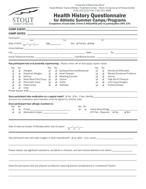 Health History Questionnaire for Athletic Summer Camps