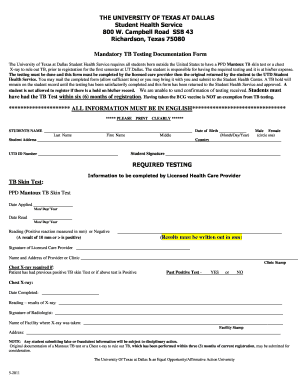 UT Dallas Mandatory TB Testing Documentation Form