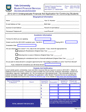 Yale Undergraduate Financial Aid Application