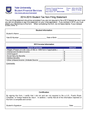 Yale University Student Tax Non-Filing Statement