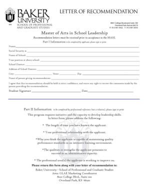 Letter of Recommendation for Master of Arts in School Leadership