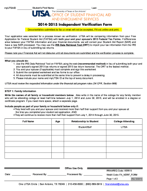 UTSA 2014-2015 Independent Verification Form