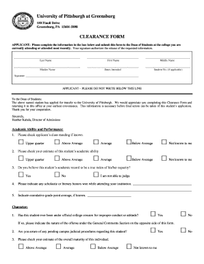 University of Pittsburgh Transfer Clearance Form
