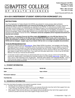 2014-2015 Independent Student Verification Worksheet