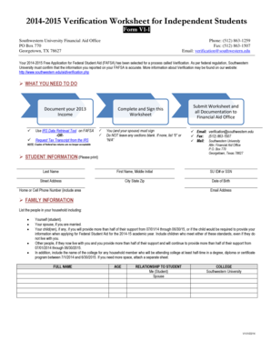 2014-2015 Verification Worksheet for Independent Students