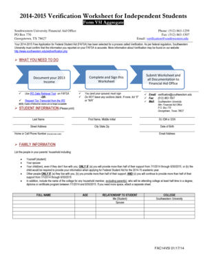 2014-2015 Verification Worksheet for Independent Students