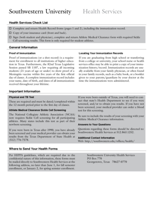 Southwestern University Health Services Checklist