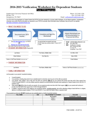 2014-2015 Verification Worksheet for Dependent Students