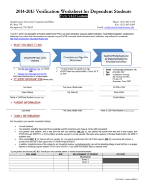 2014-2015 Verification Worksheet for Dependent Students