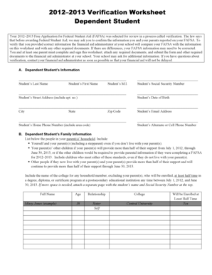 2012–2013 Verification Worksheet Dependent Student