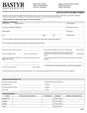 Bastyr University Application for Employment