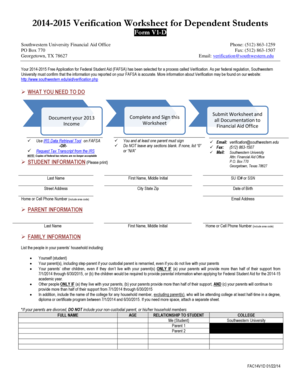 2014-2015 Verification Worksheet for Dependent Students