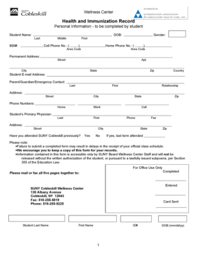 SUNY Cobleskill Health and Immunization Record