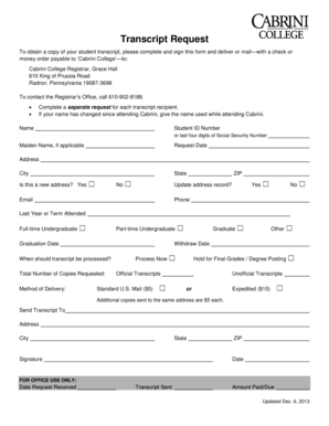 Cabrini College Transcript Request Form