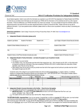 2014-15 Verification Worksheet for Independent Students