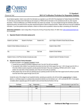 2013-14 Verification Worksheet for Dependent Students