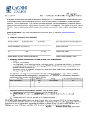 2013-14 Verification Worksheet for Independent Students
