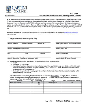 2013-14 Verification Worksheet for Independent Students