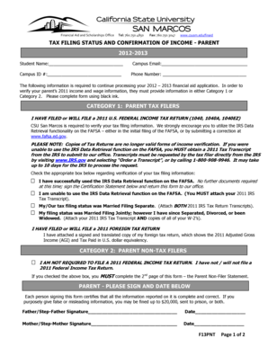 2012-2013 Parent Tax Filing Status and Non-Filer Statement