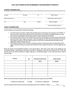 2013-2014 Verification Worksheet for Dependent Students