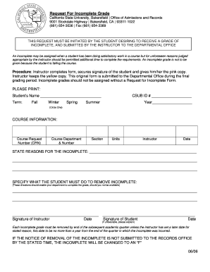 Request for Incomplete Grade