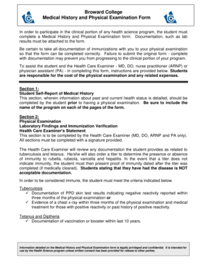 Broward College Medical History and Physical Examination Form