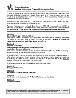 Broward College Medical History and Physical Examination Form