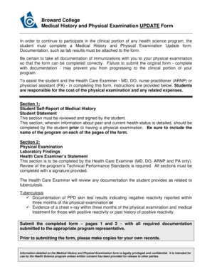 Broward College Medical History and Physical Examination Update Form