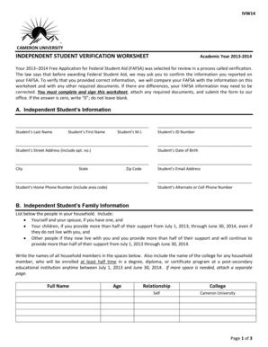 Independent Student Verification Worksheet