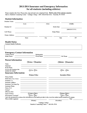 Student Insurance and Emergency Information Form