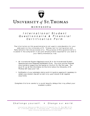 International Student Questionnaire and Financial Certification Form