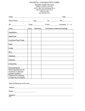 Bethune-Cookman University Physical Examination Form