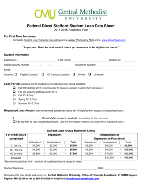 Federal Direct Stafford Student Loan Data Sheet