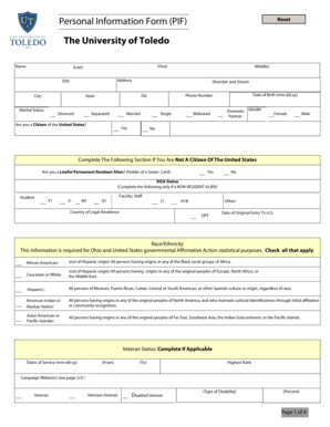 University of Toledo Personal Information Form