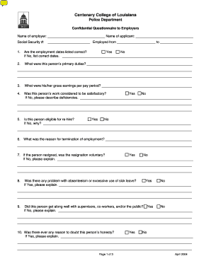 Confidential Questionnaire to Employers