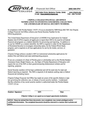 Chipola College Financial Aid SSN Notification
