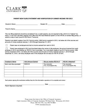 Parent Non-Filers Statement and Verification of Earned Income for 2013