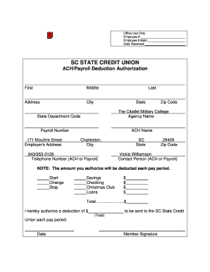 SC State Credit Union ACH Payroll Deduction Authorization