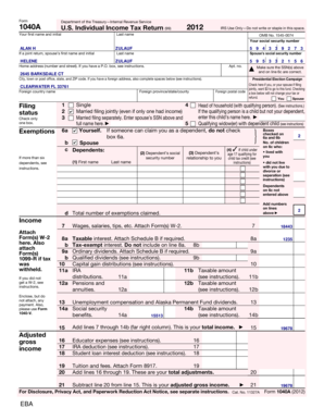 2012 Form 1040A US Individual Income Tax Return