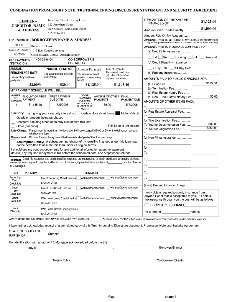 Combination promissory note btruthb-in-blending disclosureb Preview on Page 1