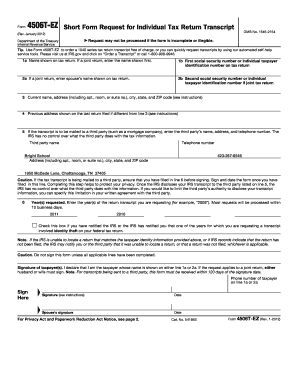 IRS Form 4506T-EZ Request for Individual Tax Return Transcript