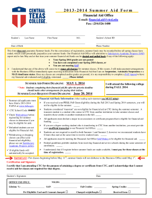 2013-2014 Summer Aid Form