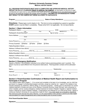 Clarkson University Summer Camps Medical History Report