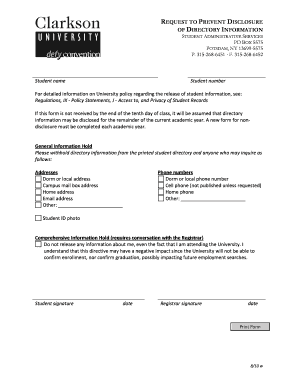 Request to Prevent Disclosure of Directory Information