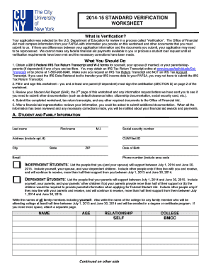 2014-15 Verification Worksheet