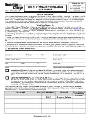 2013-14 Standard Verification Worksheet