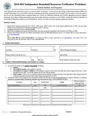 2014-2015 Independent Household Resources Verification Worksheet